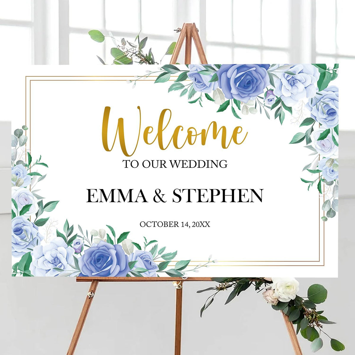 Dusty Blue and Gold Wedding Welcome Sign Template, Printable Landscape Welcome Sign with Blue White