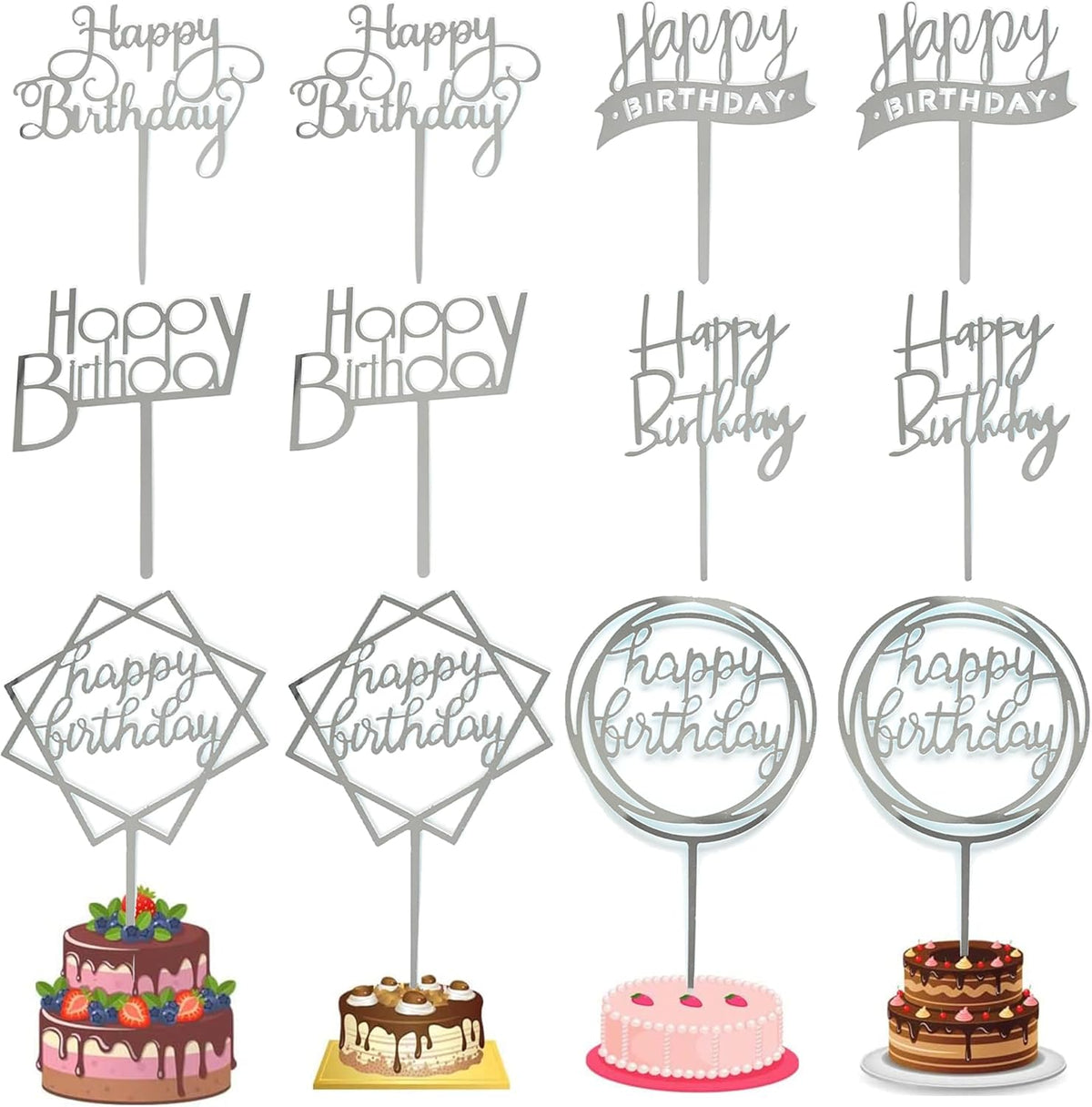 12 Pack Multi Styles Birthday Cake Topper Set, Acrylic Cake Bunting Decor Birthday Cake Picks Party