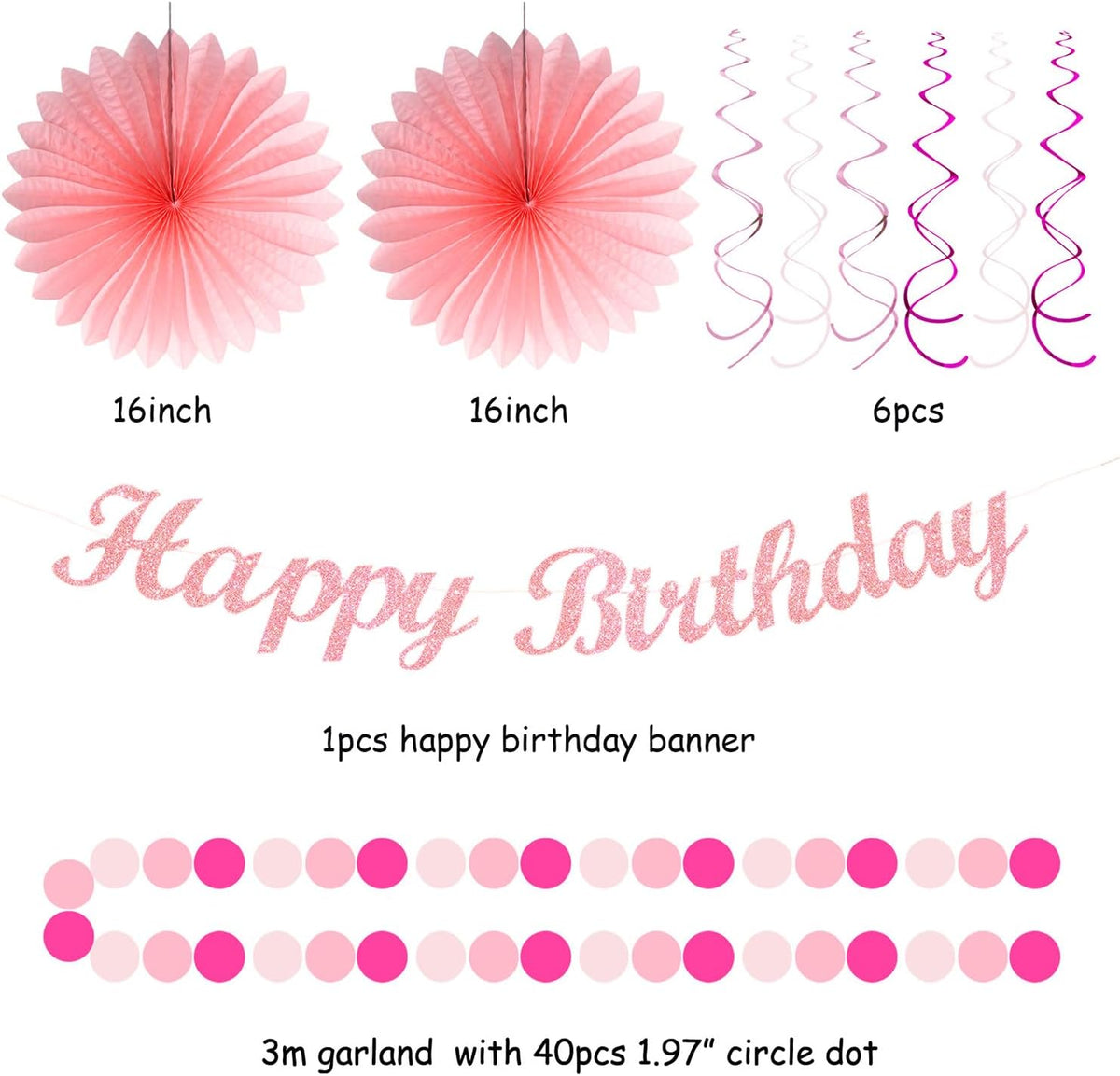 Light Hot Pink Birthday Party-Decorations - 21pcs Girl Happy Banner,Paper Lanterns Honeycomb,Tissue