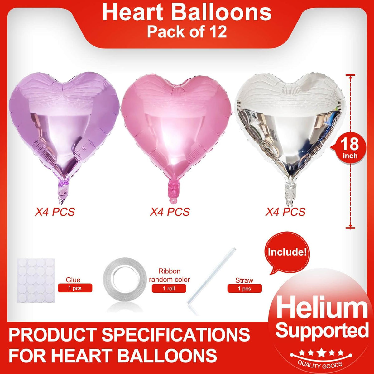 Pink Heart Shaped balloons Pack of 12,18 Inch Silver Love Valentine Balloons Purple Heart Romantic