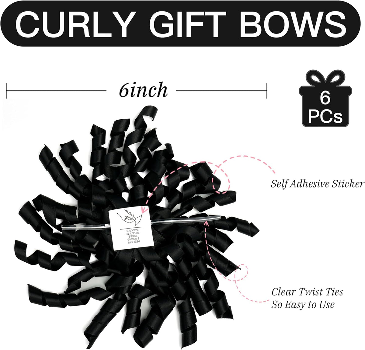 6 Inch Black Curly Bows for Gift Wrapping Set of 6, Self Adhesive Bows Black Gift Bows for