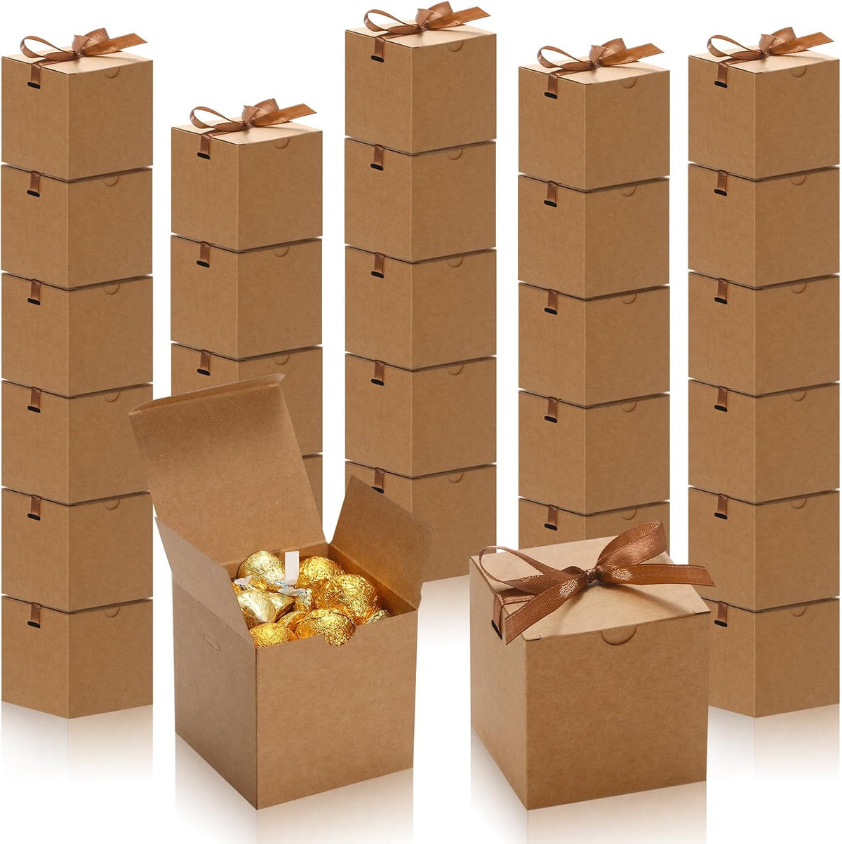 DOYIDE 60 Pcs Small Gift Boxes, 3x3x3 inches Kraft Paper Gift Box with Ribbons, Brown Candy Boxes