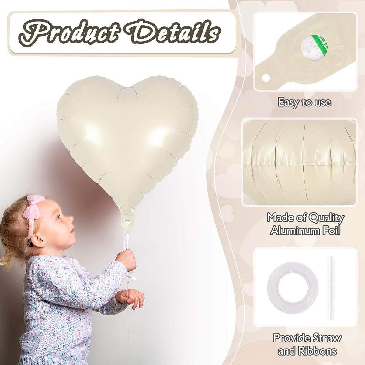 24 Pcs Cream Heart Balloons,18 inch Heart Shape Foil Balloons Love Balloons Valentine Balloons for
