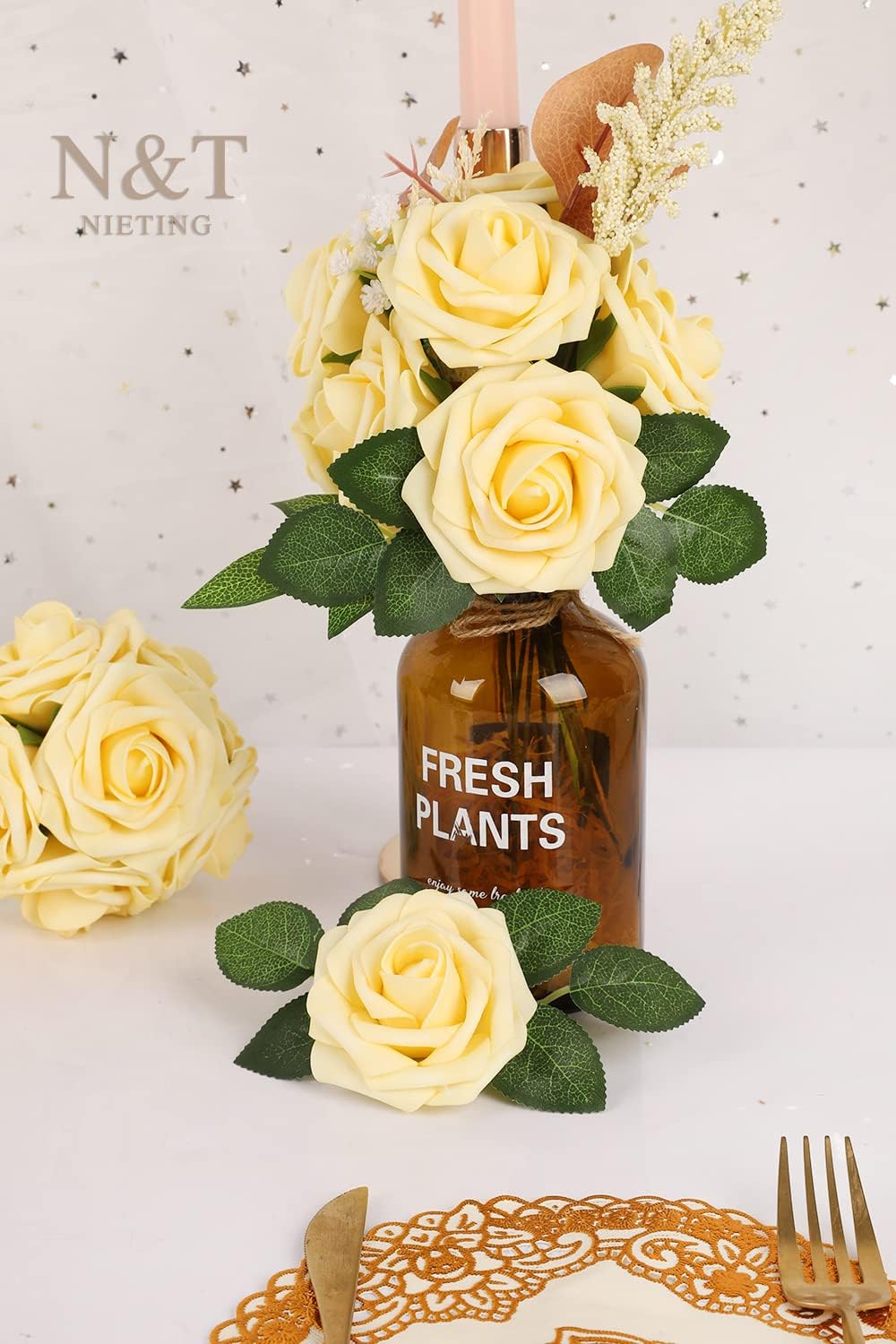 N&T NIETING Artificial Flowers, 25Pcs Fake Flowers Goose Yellow Roses Perfect for DIY Wedding