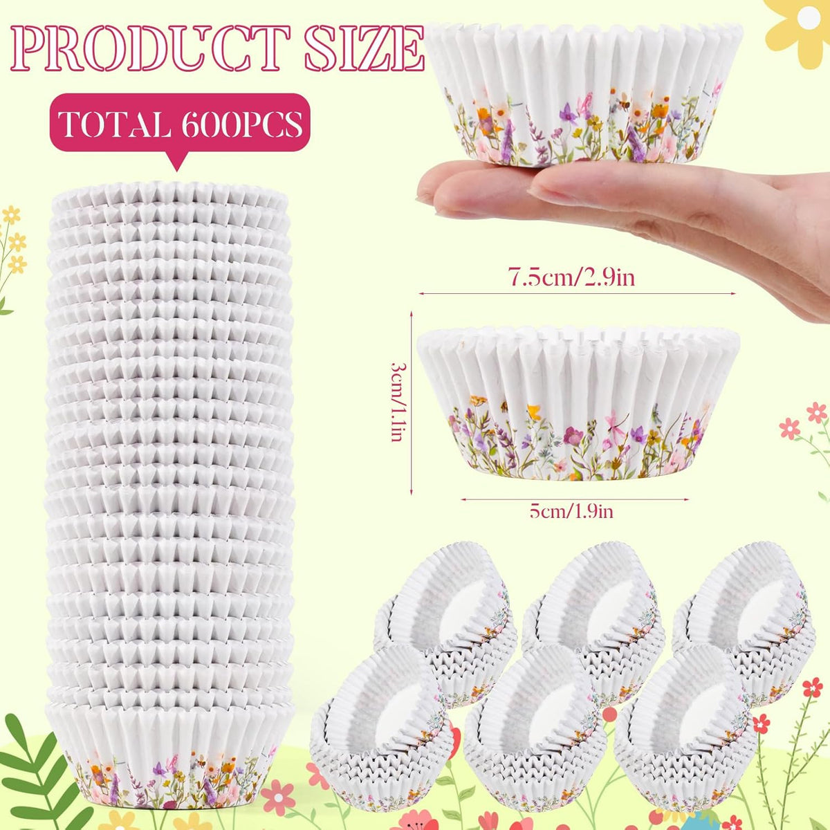 600 Count Elegant Wildflower Cupcake Liners for Baby Showers, Weddings, Spring Birthday Parties