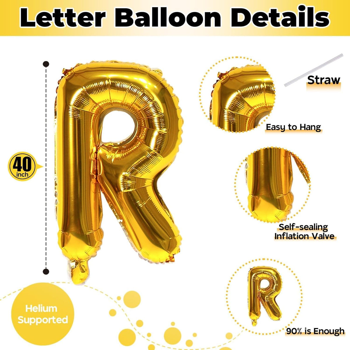 40 Inch Foil Letter Balloon, Big Alphabet R Word, Large Self Inflating Gold Decor for Custom Name