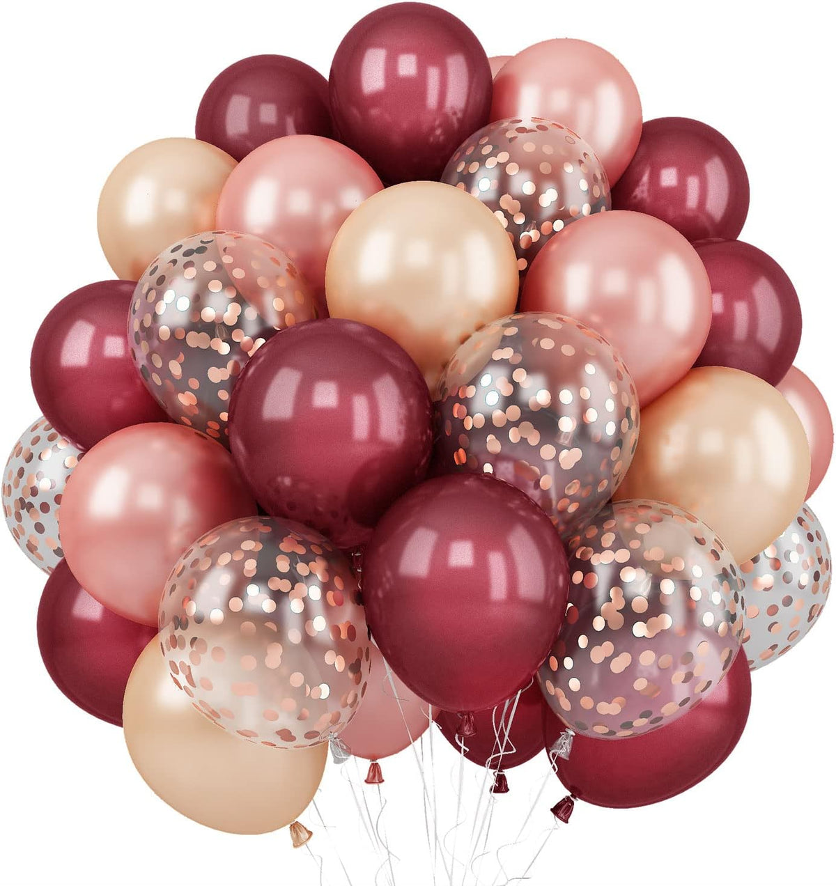 Balloons Burgundy Rose Gold, 60 Packs 12 Inches Wine Red Champagne Latex Balloon Rose Gold Confetti
