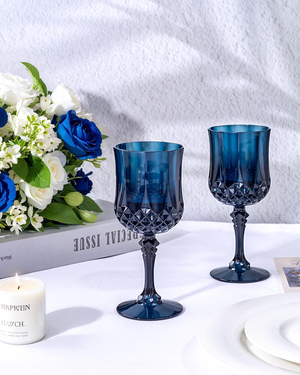 Ciaell 24PCS Blue Plastic Wine Glasses - 7 Oz Plastic Goblets for Party - Blue Vintage Drinking
