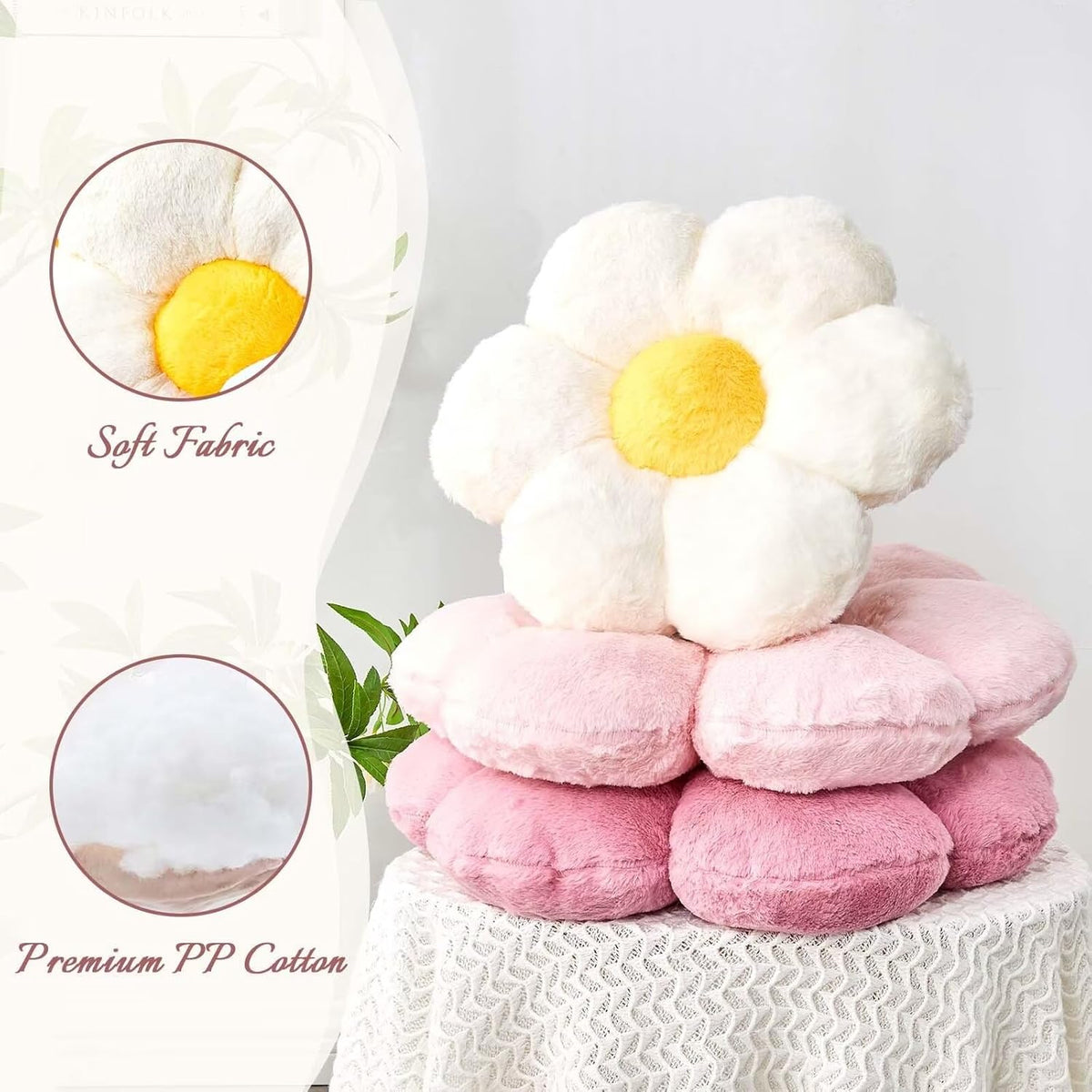 Pink Flower Pillow, Cute Decorative Flower Shaped Throw Pillow with Faux Rabbit Fur, 14.9" Soft