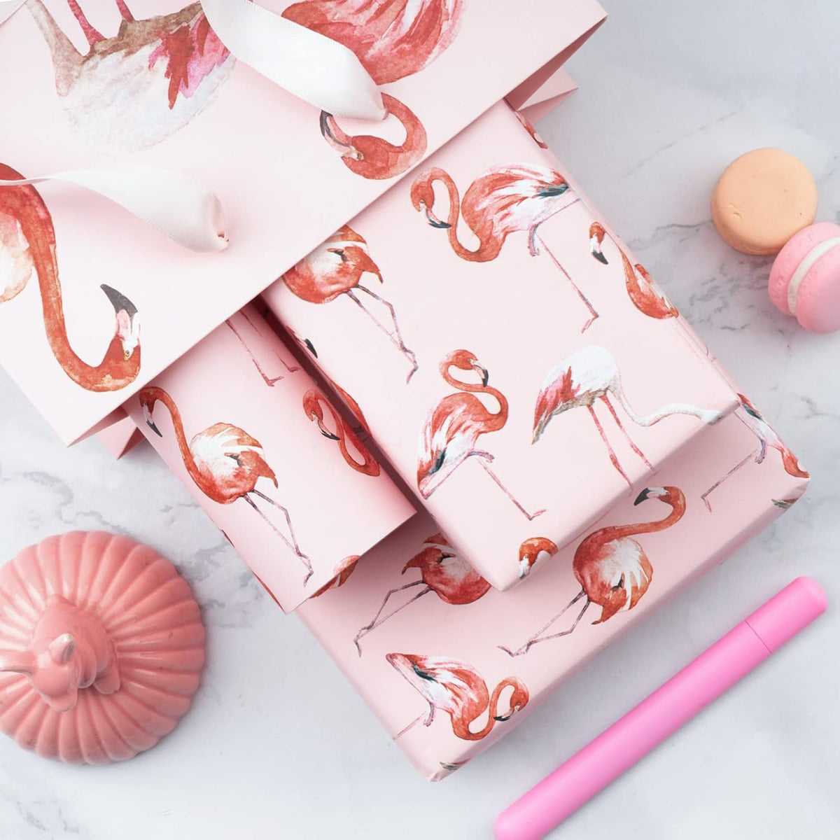 WRAPAHOLIC Reversible Flamingo Wrapping Paper - Mini Roll - 17 Inch X 33 Feet - Pink Flamingo