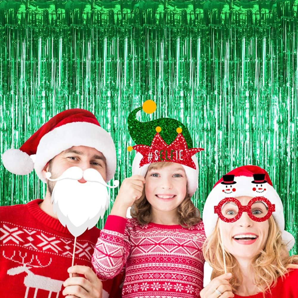 TONIFUL 3Pcs Green Door Streamers,Green Photo Booth Backdrop,Metallic Streamers Green Foil Fringe