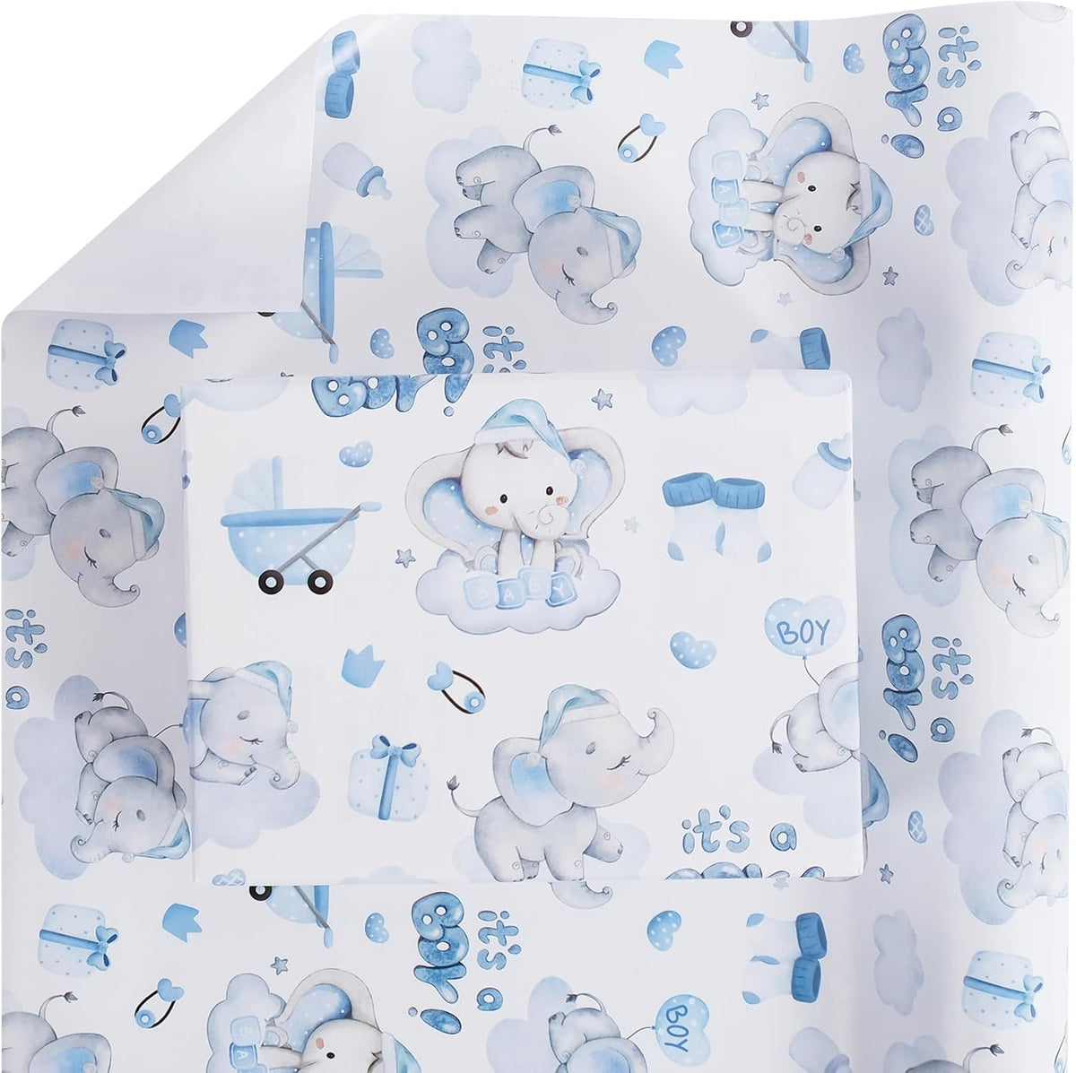 Aimyoo Blue Baby Shower Wrapping Paper Roll - 17 Inch X 16.4 Feet - Cute Elephant with It‘s A Boy