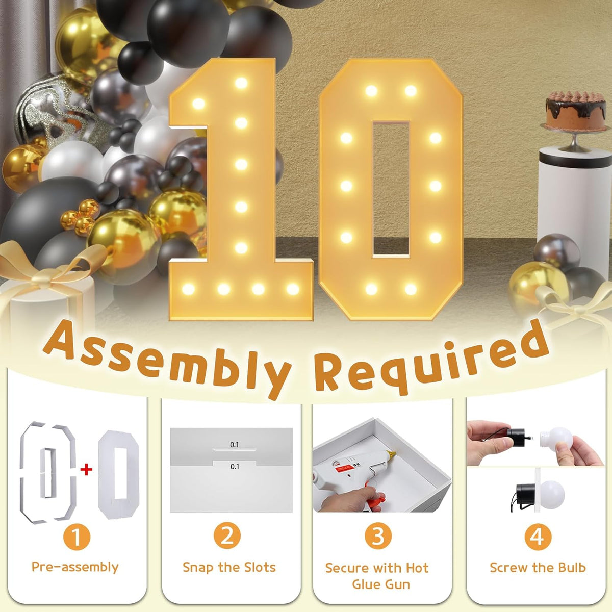 Imprsv 4FT Light Up Numbers, Marquee 10th Birthday Decorations for Girls Boys, Large Light Up 10th