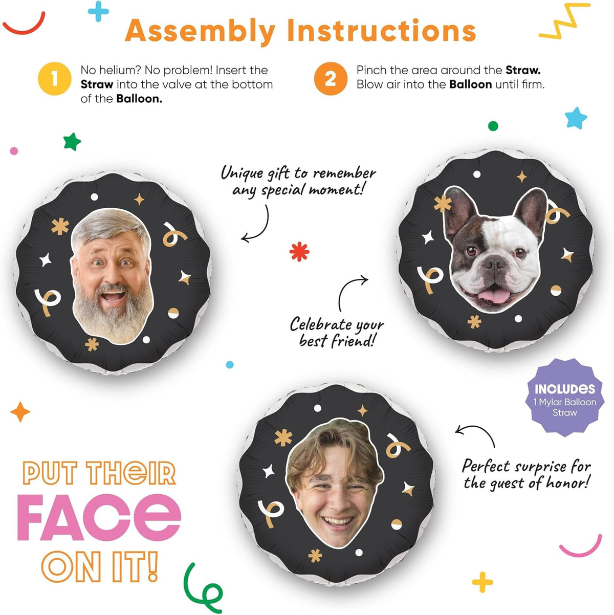 Big Dot of Happiness Personalized Fun Face Photo Black & Gold Balloons, Custom Birthday Balloons