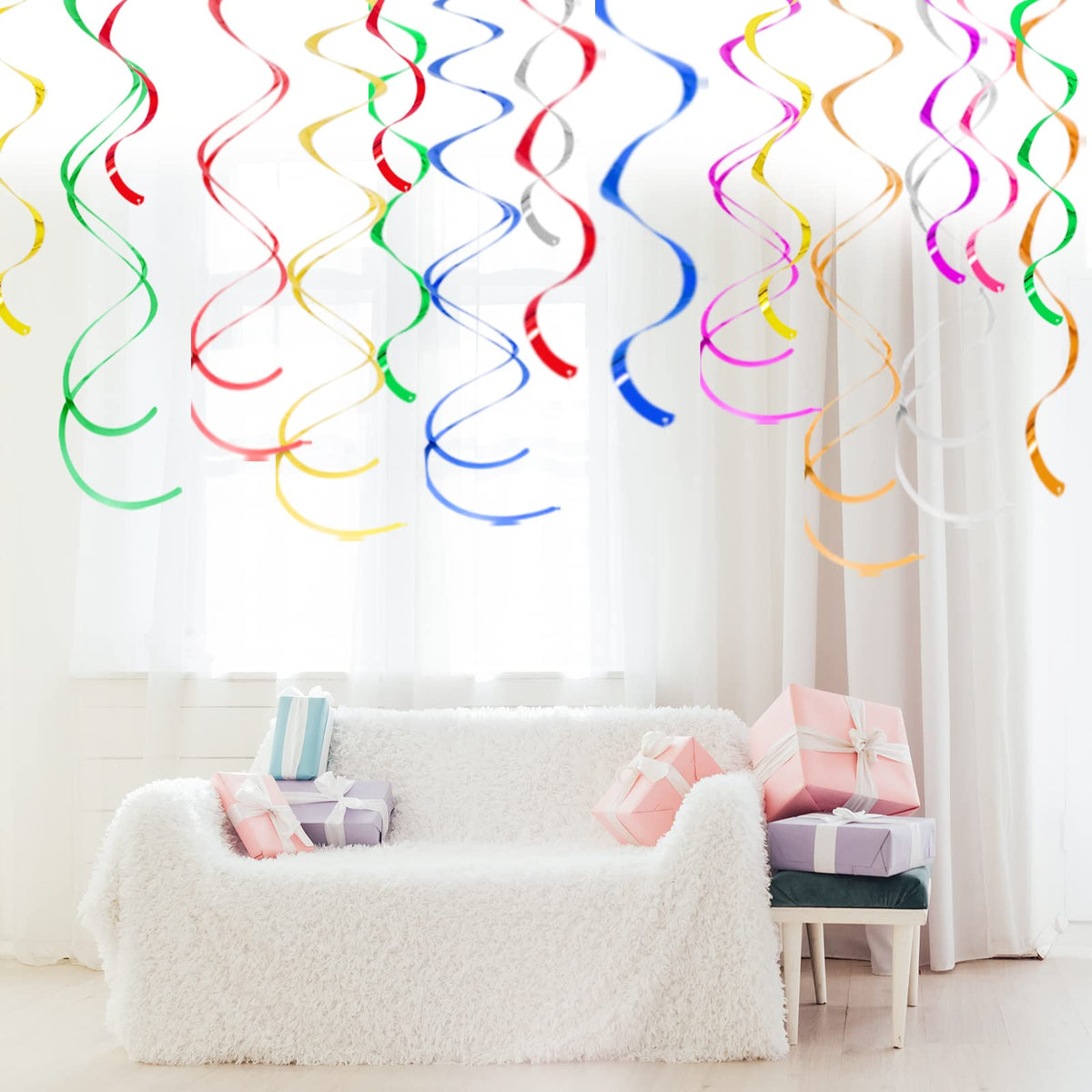 Colorful Ceiling Swirl Foil Decorations Hanging Plastic Streamer Themed Swirl Party Decoration for