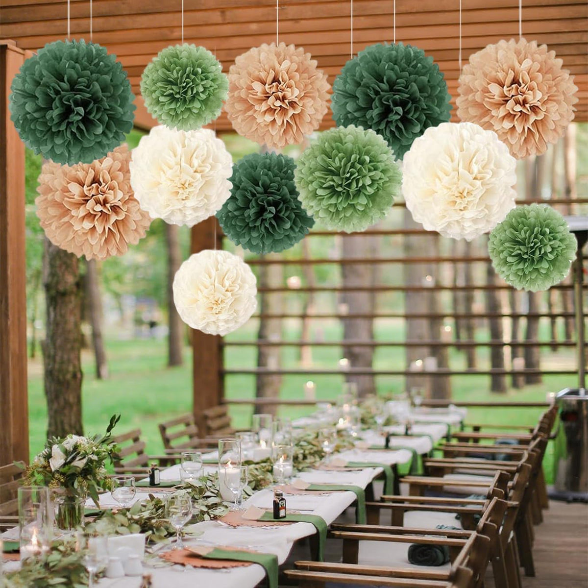 Capesaro Olive Sage Green 12PCS Paper Pom Poms Party Decorations for Natural Green Boho Safari