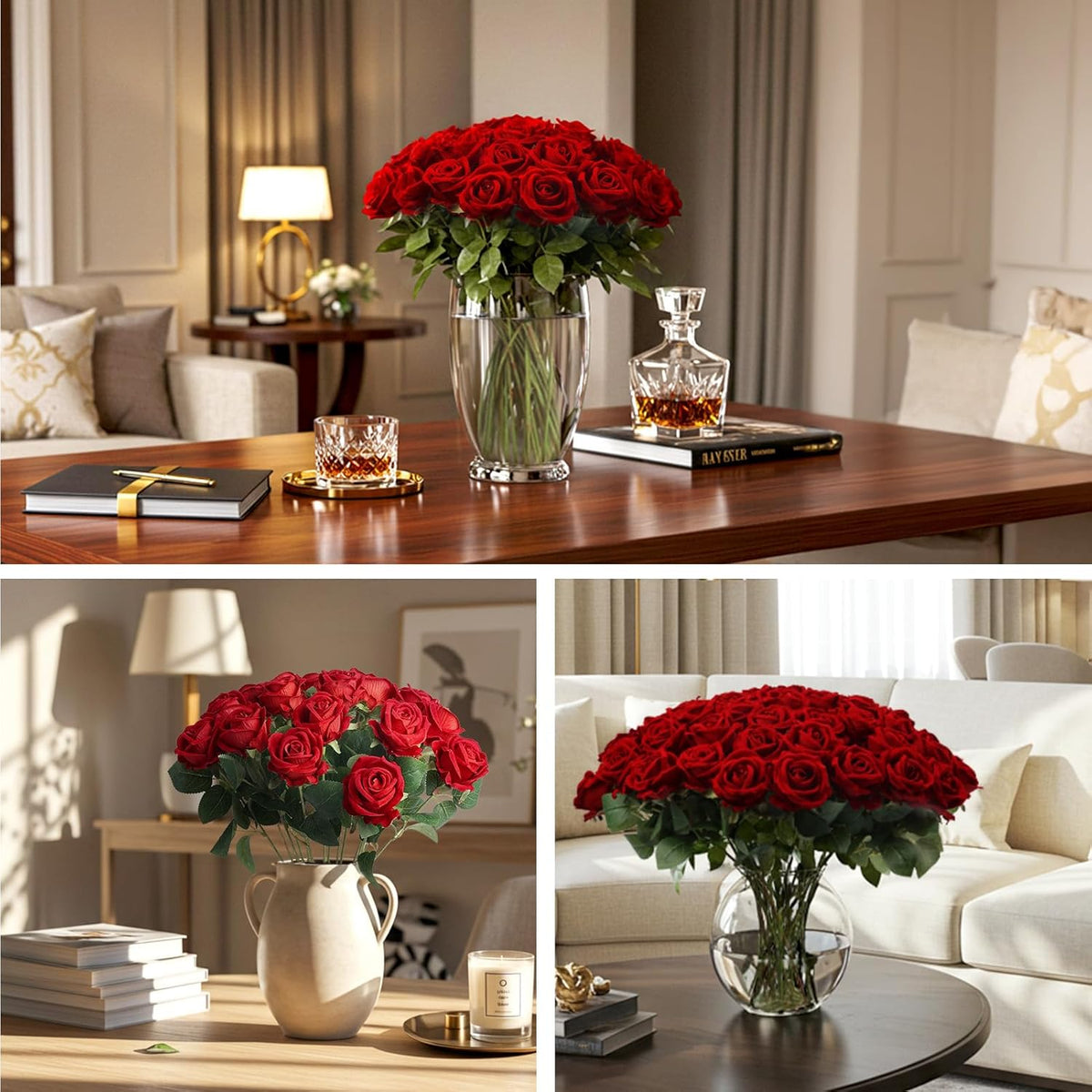 60Pcs Red Roses Artificial Flowers, Velvet Silk Faux Roses, Realistic Red Flowers for Wedding