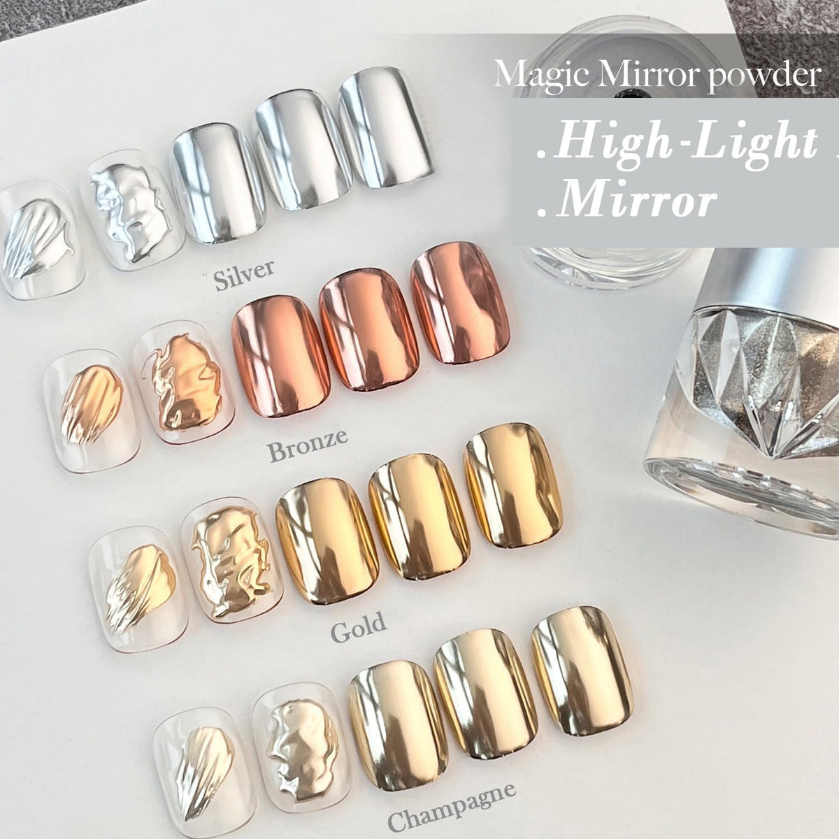 Pretty Diva Chrome Nail Powder - Champagne Gold Mirror Effect Nail Chrome Powders, Highlight