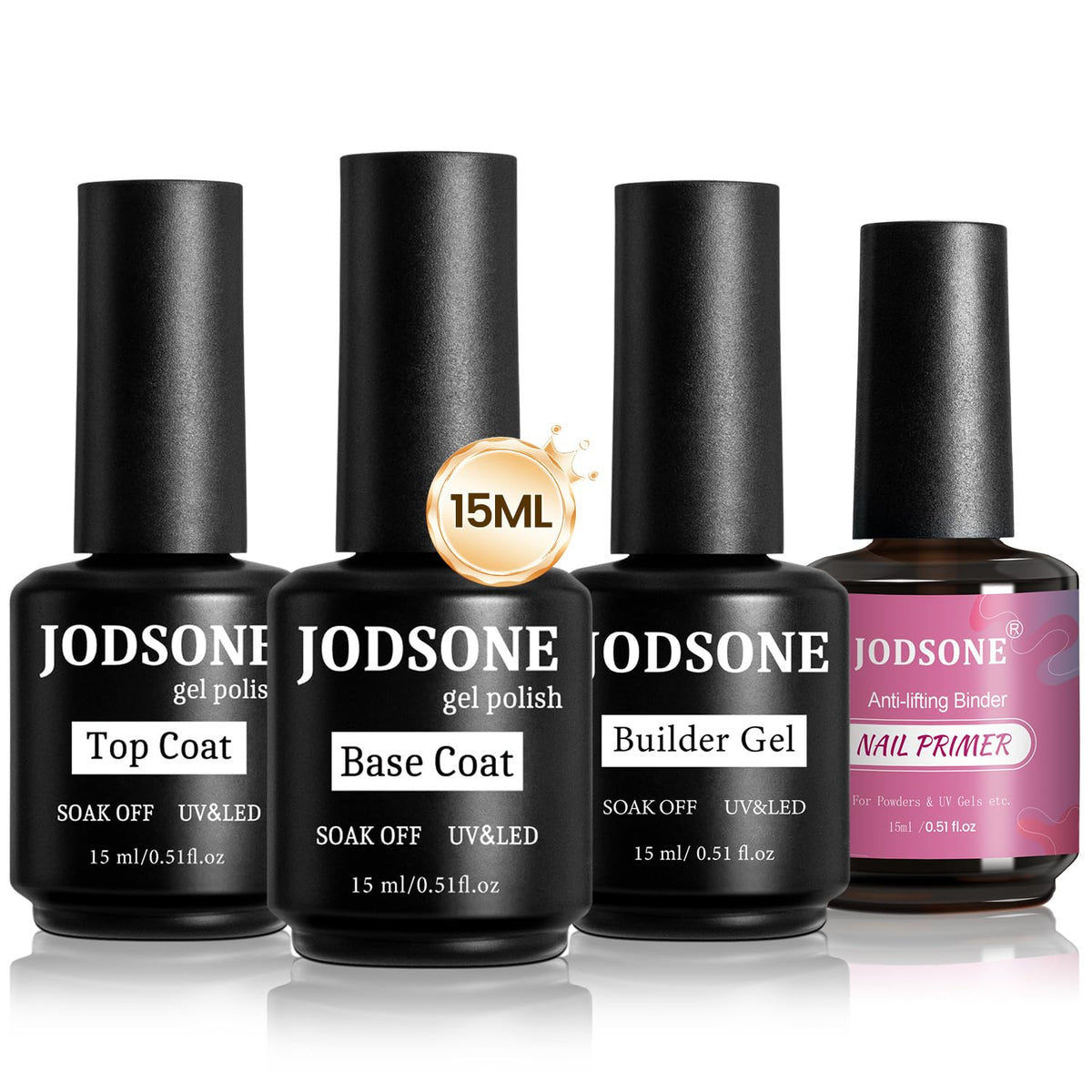 JODSONE 4 Bottles of 15ML Nail Primer Base Coat Top Coat and Builder Gel Which Helps Better Fit the