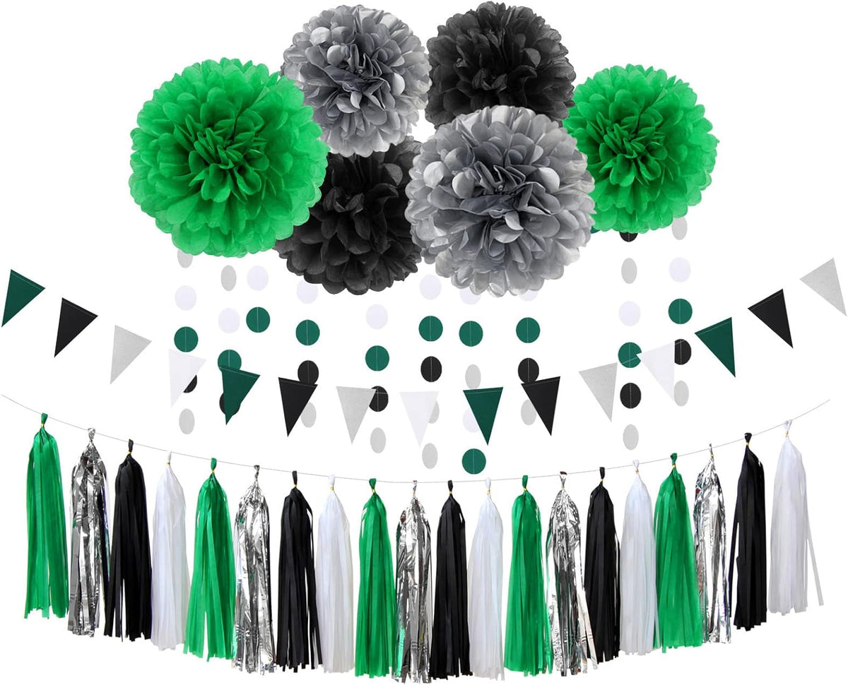 Black Green Silver Football Party-Decorations - 30pcs Soccer Graduation Streamers,Tissue Pom