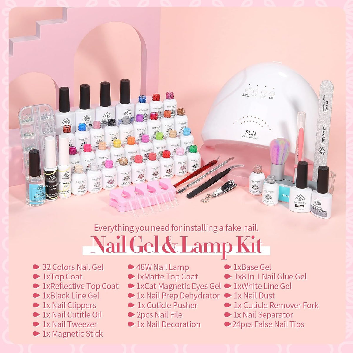 BORN PRETTY 77PCS Gel Nail Polish Starter Kit With U V/LED kit for Beginners 48W 32Colors Nude Pink
