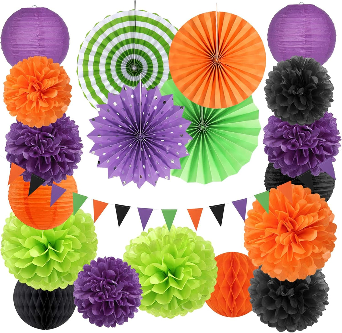 Black Purple Orange-Green Halloween Party-Decorations - 20pcs Paper Lanterns Fans,Tissue Pom