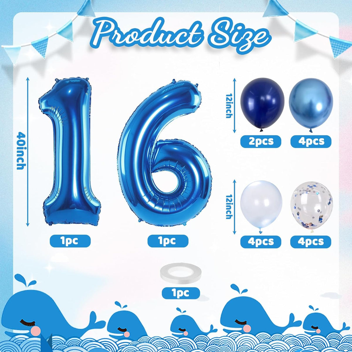 16 Balloon Number Blue, Big Number 16 Balloon Pastel Navy Dark Blue with Metallic Silver Confetti