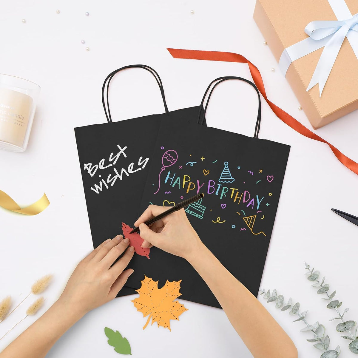 GSSUSA 400 Pack 8x4.25x10'' Paper Bags with Handles Bulk, Black Kraft Paper Gift Bags for Small