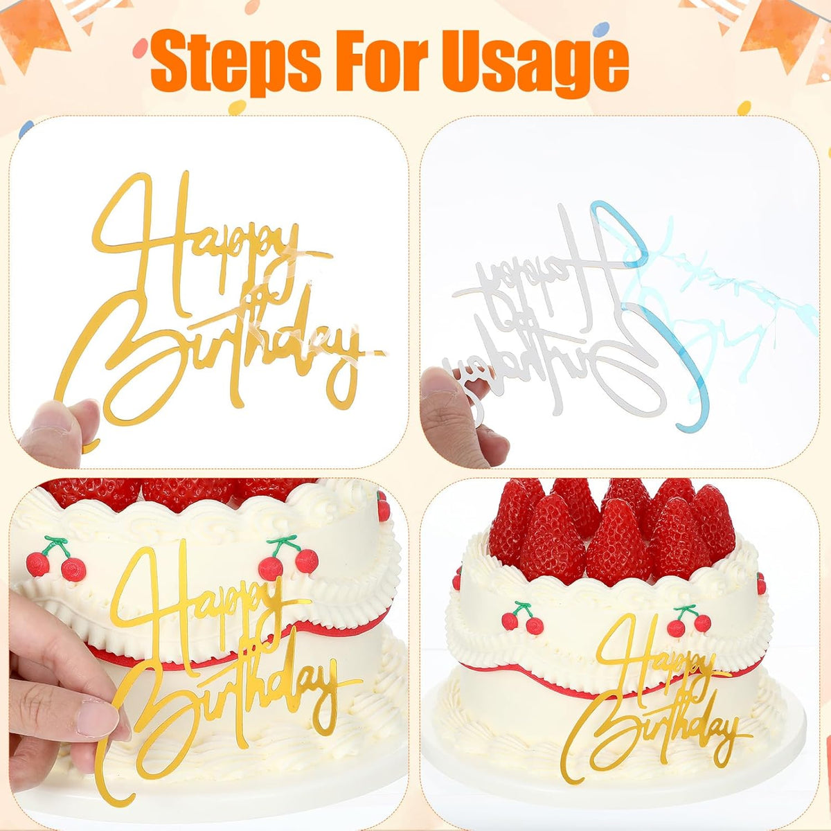 100 Pcs Happy Birthday Cake Toppers Mirror Acrylic Cupcake Topper Cupcake Decorations Happy