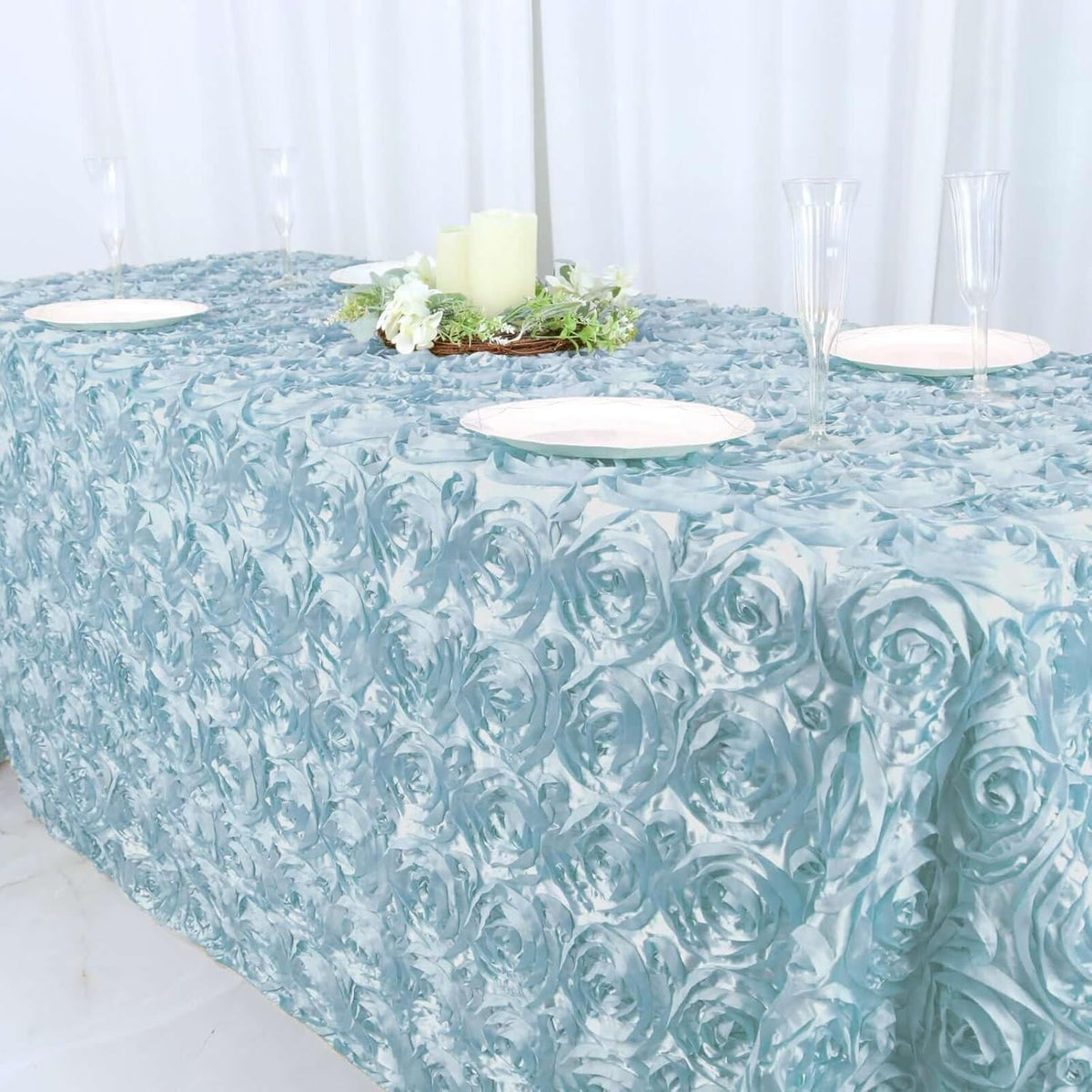 Efavormart 90"x132" Wholesale Rectangle Table Cover Light Blue Grandiose Rosette 3D Satin