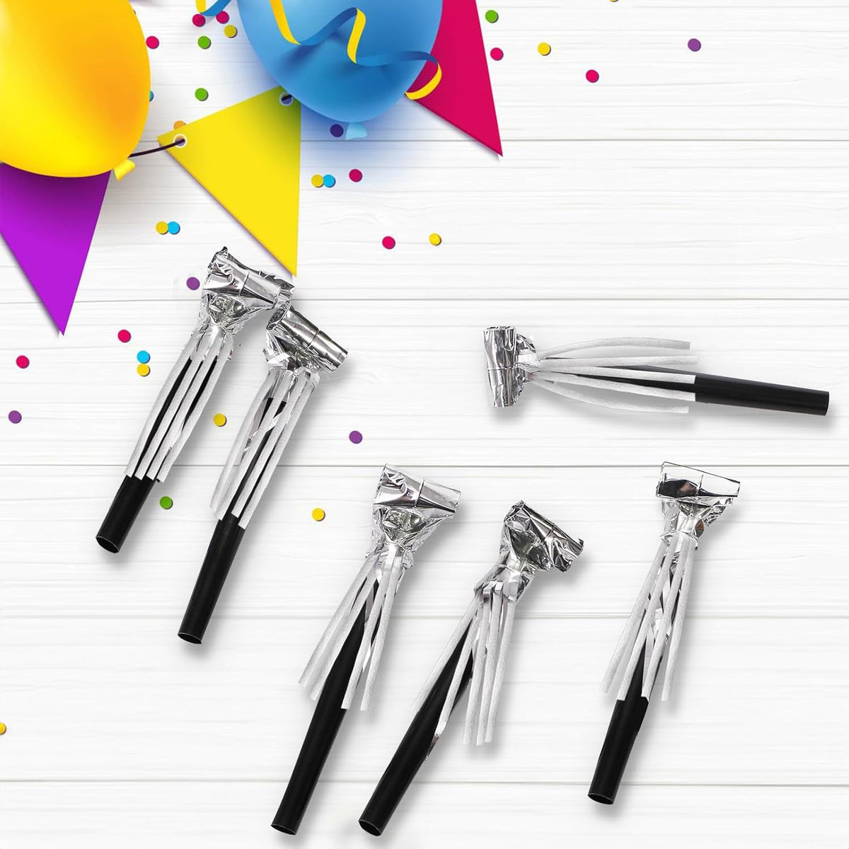 60 Packs Silver Noise Makers, Metallic Fringed Party Blowers, Horns Musical Blowouts Whistles for