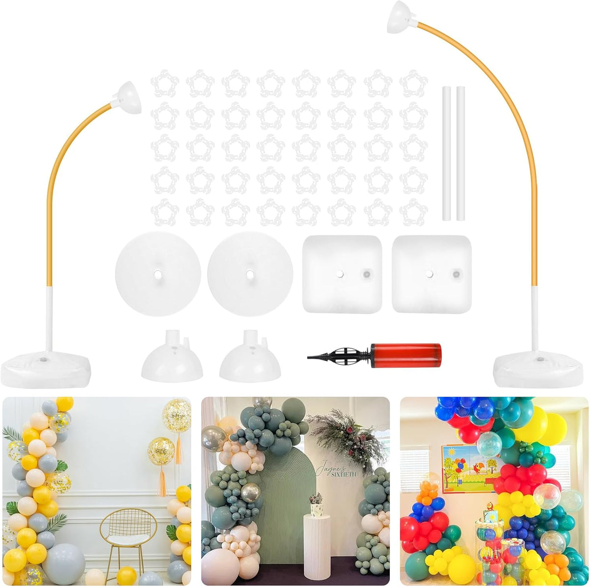 Balloon Arch Stand Kit 8.2ft and 5ft, Heavy Duty Base with Water Filling Bag, Bendable Half Arch