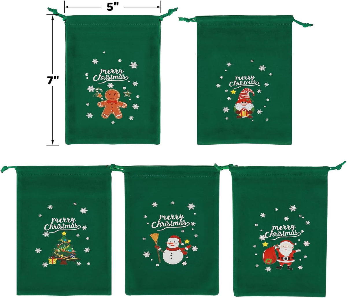 Tapleap Coth Christmas Bags with Drawstring - 50Pcs 5x7 Green Velvet for Wrapping Christmas Party