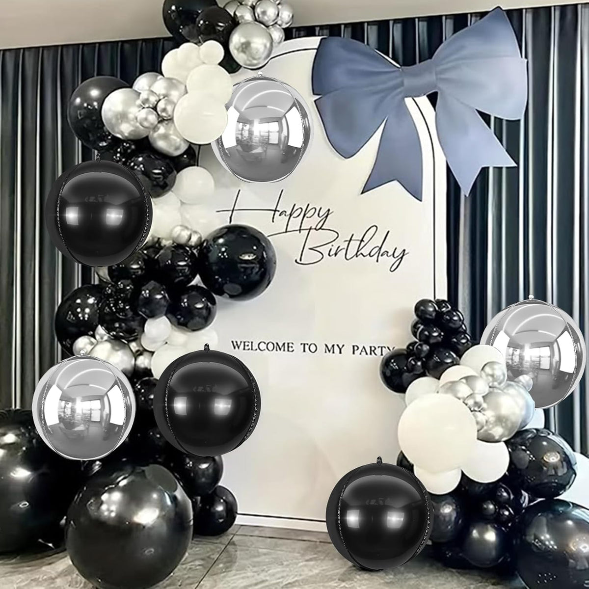6Pcs Silver Black Round Foil Balloons,Giant 4D Round Ball Balloon,22 Inch Metallic Balloons for