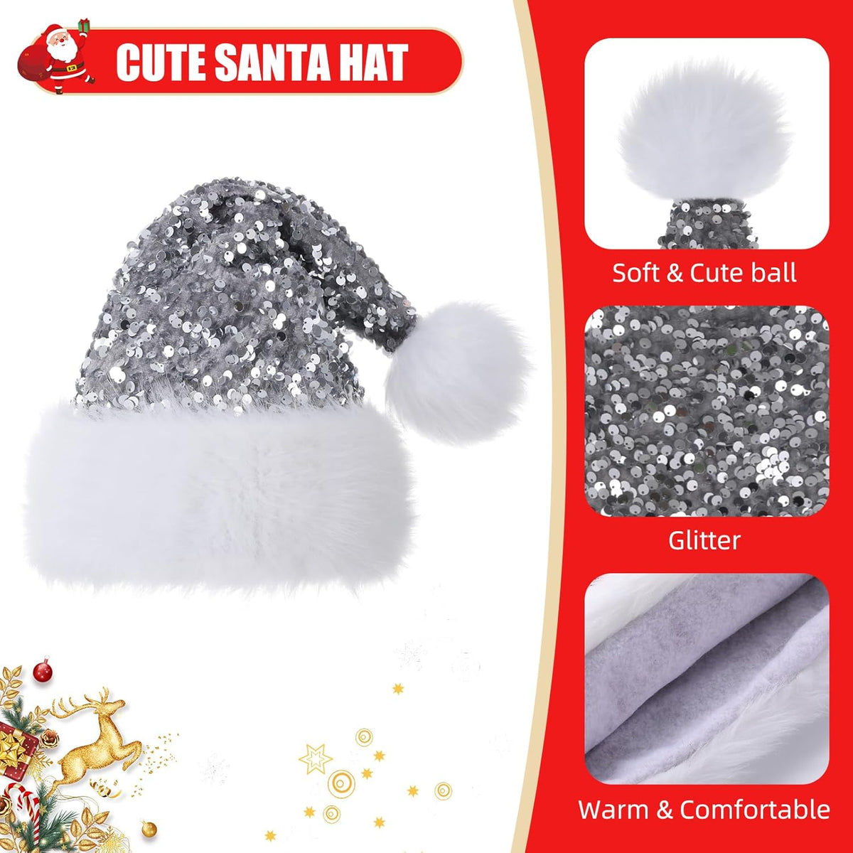 Personalized Sequin Santa Hat for Adults, Red Glitter Christmas Party Hat, Xmas Halloween New Year