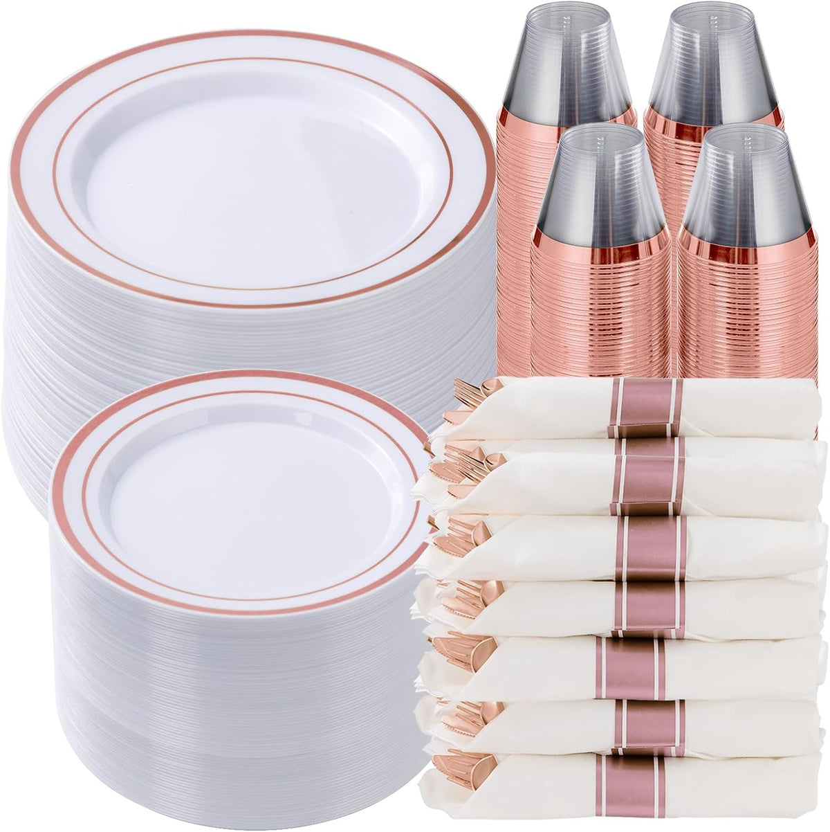 Goodluck 700 Piece Rose Gold Plastic Dinnerware Set for 100 Guests, Disposable Plates for Party