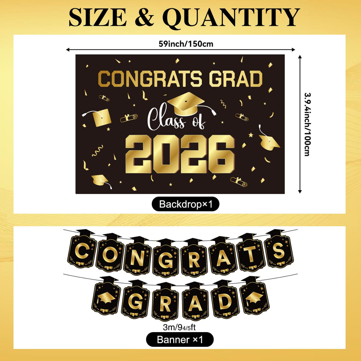 Graduation Decorations 2026 Gold Themed Set - Congrats Grad Banner, Class of 2026 Backdrop