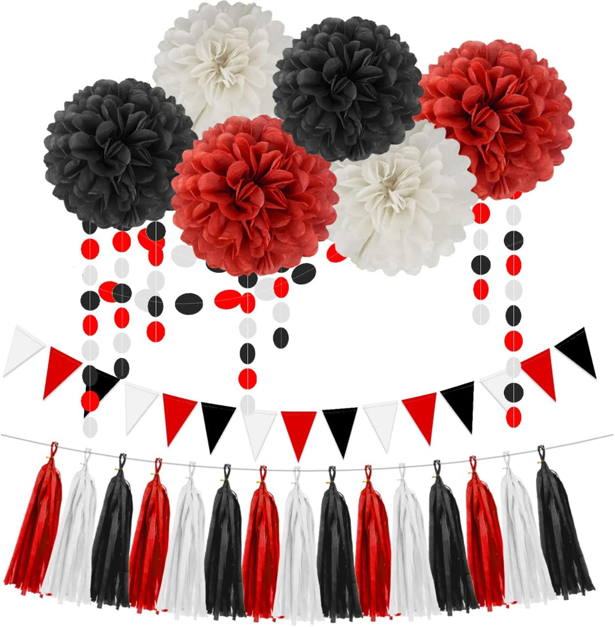 White Red Black Party Decorations - 23pcs Tissue Paper Flowers Pom Poms Tassel Garland Pennant