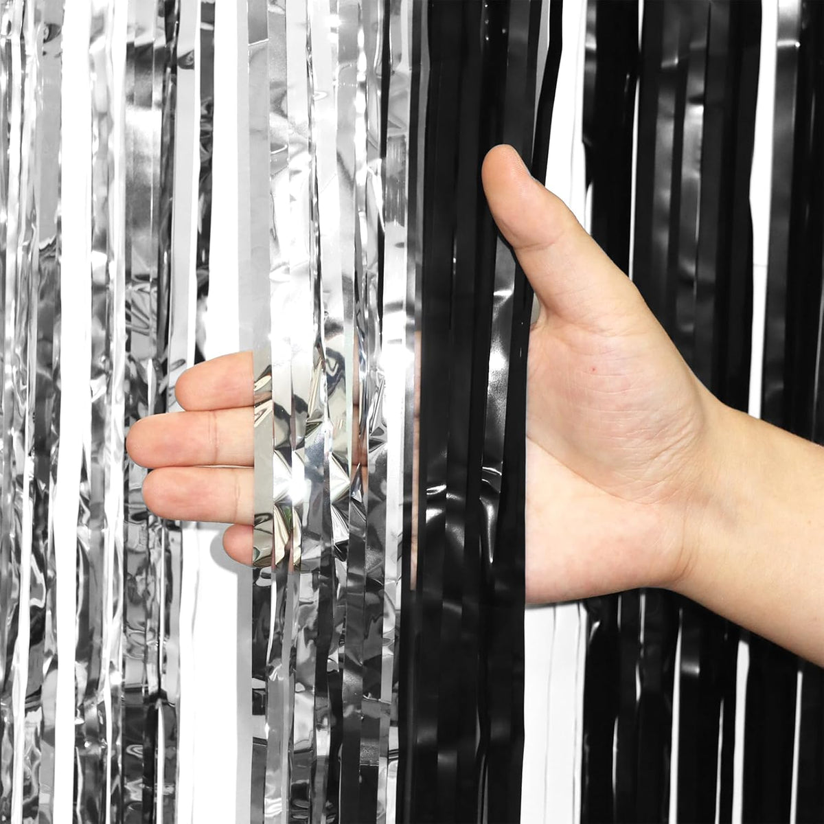 2 Pack Black and Silver Tinsel Foil Fringe Curtains, Black White Party Decorations, Metallic Tinsel