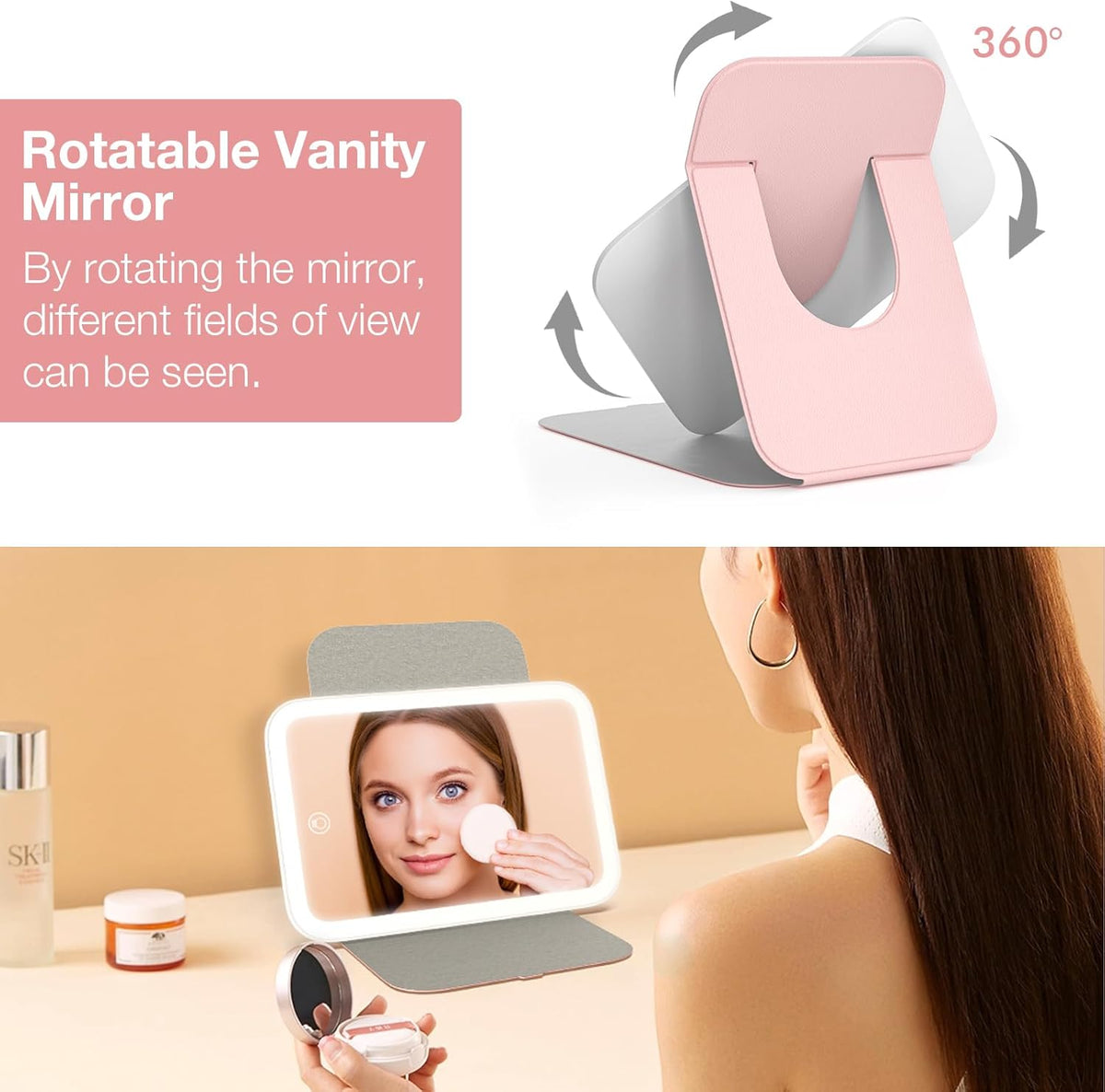 Kintion Travel Makeup Mirror, Portable LED Lighted Makeup Mirror, 360° Rotation Touch Screen Vanity