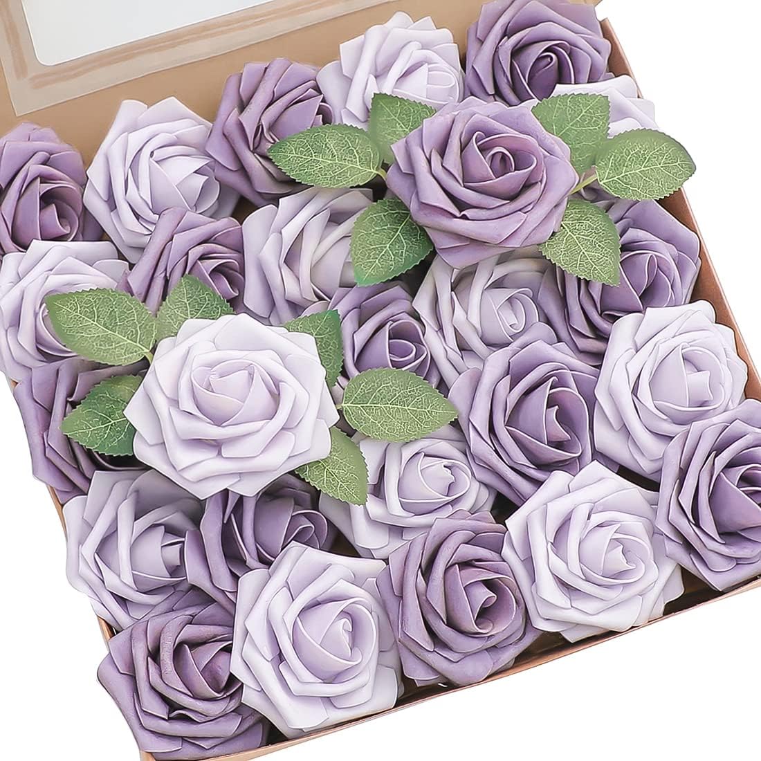 Floroom Artificial Flowers 25pcs Real Looking Lavender African Violet Purple Foam Fake Roses with