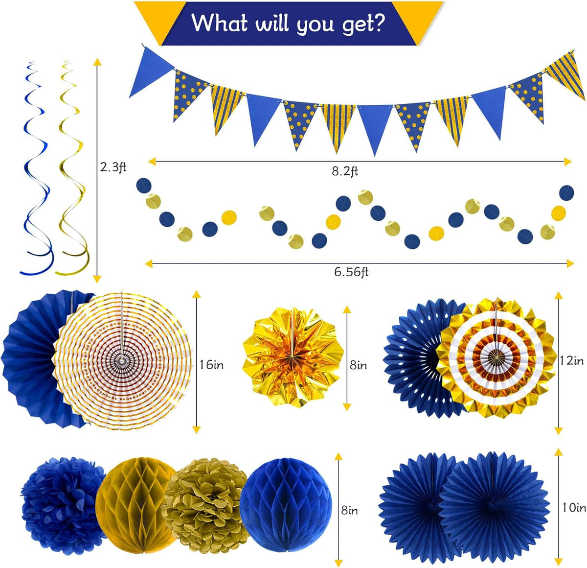 Blue Gold Party Decorations Paper Fans, Graduation Season Hanging Glitter Triangle Flags Banner