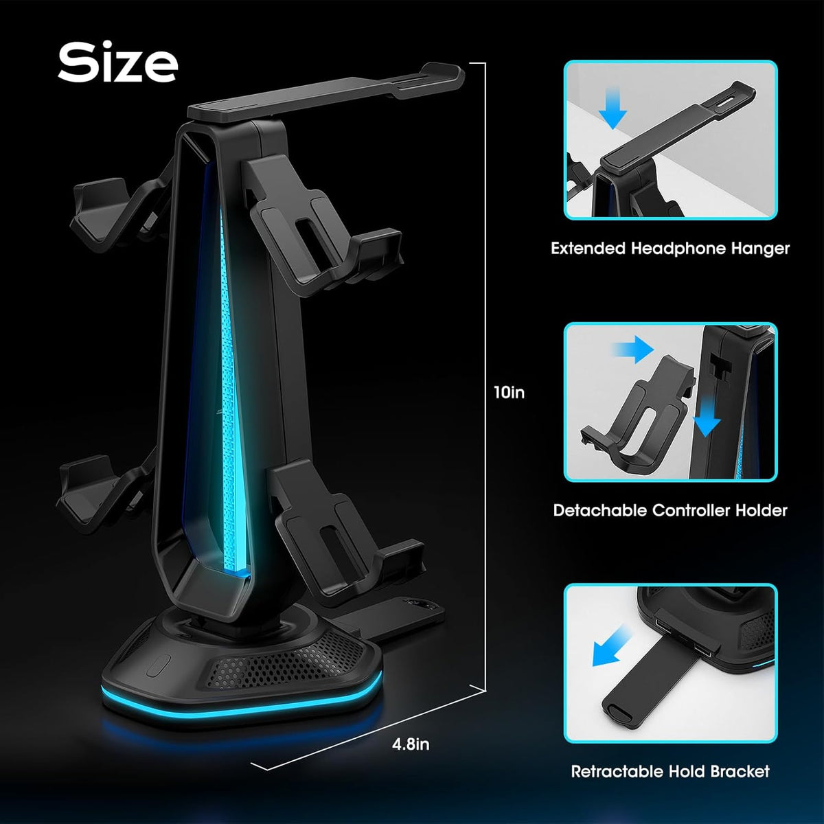 Saitake RGB Headset Stand with 9 Light Modes,Controller Holder for Desk with 2 USB Charging