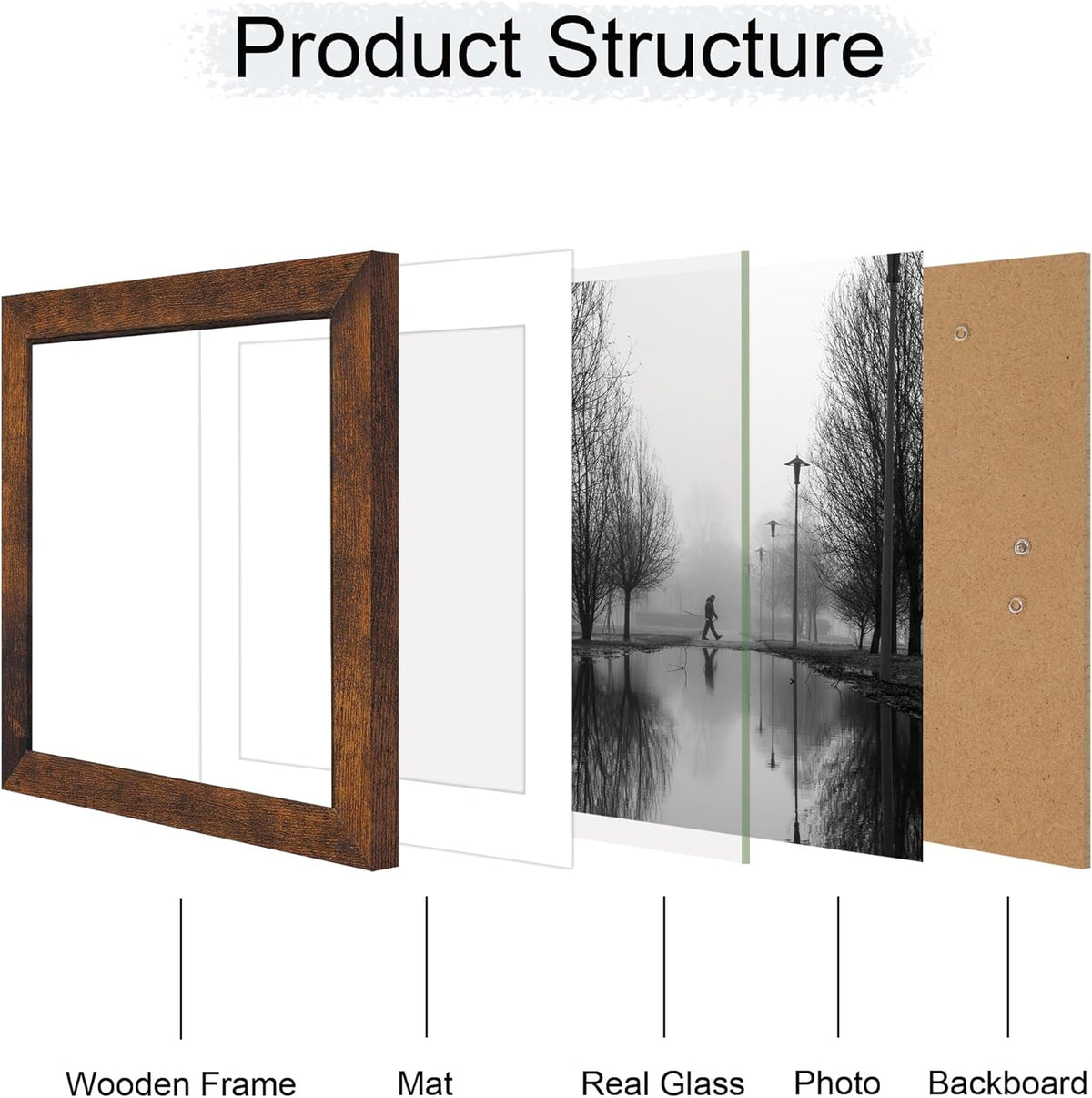 10x10 Picture Frame Set of 4 with Real Glass, Rustic Frames Display 8x8 Picture with Mat or 10 x 10