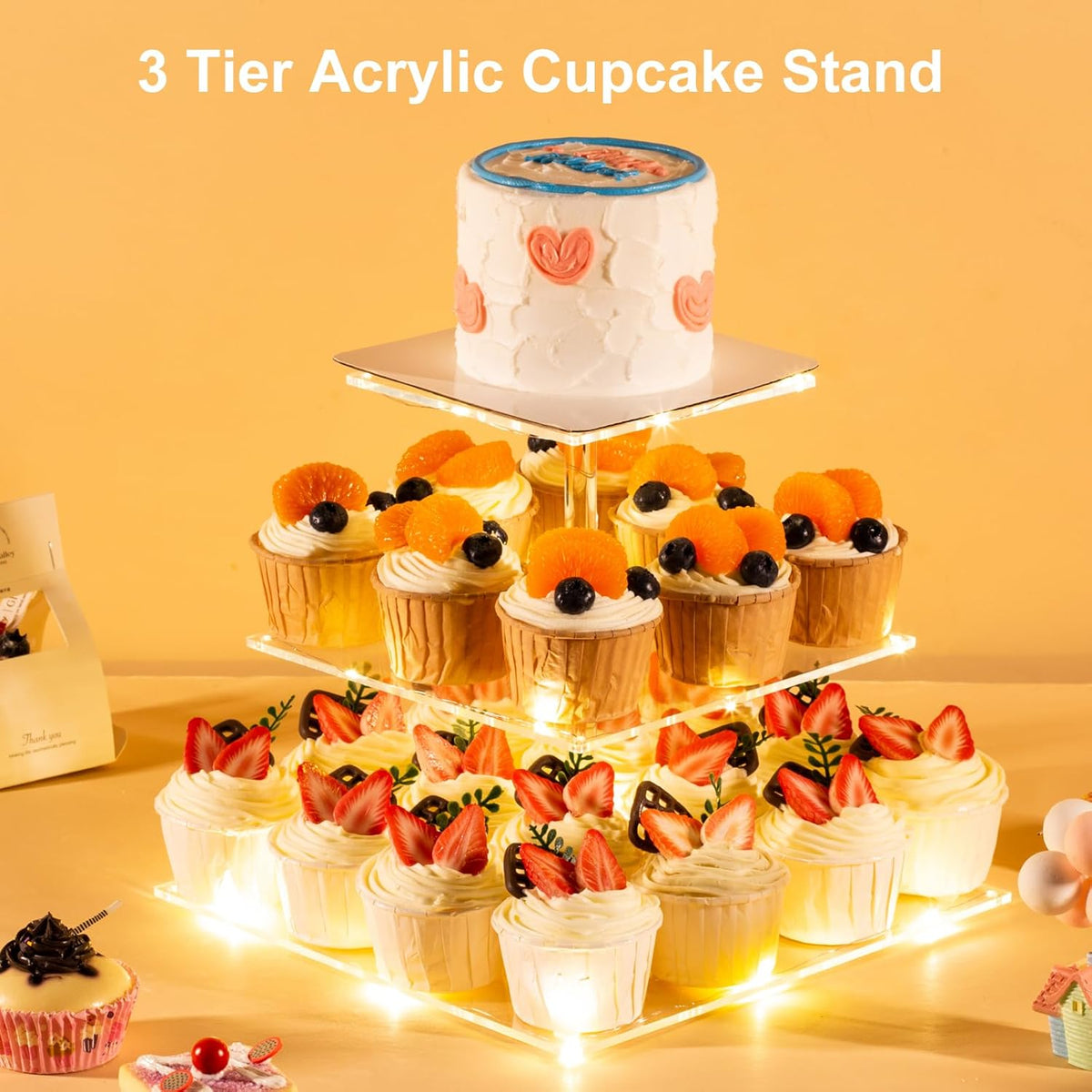 3 Tier Cupcake Stand Cupcake Holder, Acrylic Cupcake Tower with LED Yellow Light for 24 Cupcakes