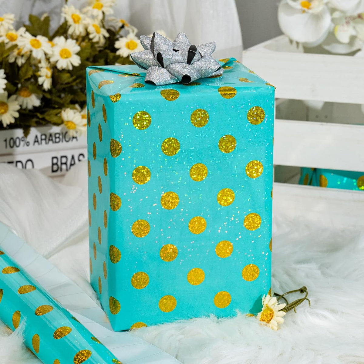 Burymento Blue Holographic Dots Wrapping Paper, Reversible Gold Gift Wrap for Birthday, Valentines