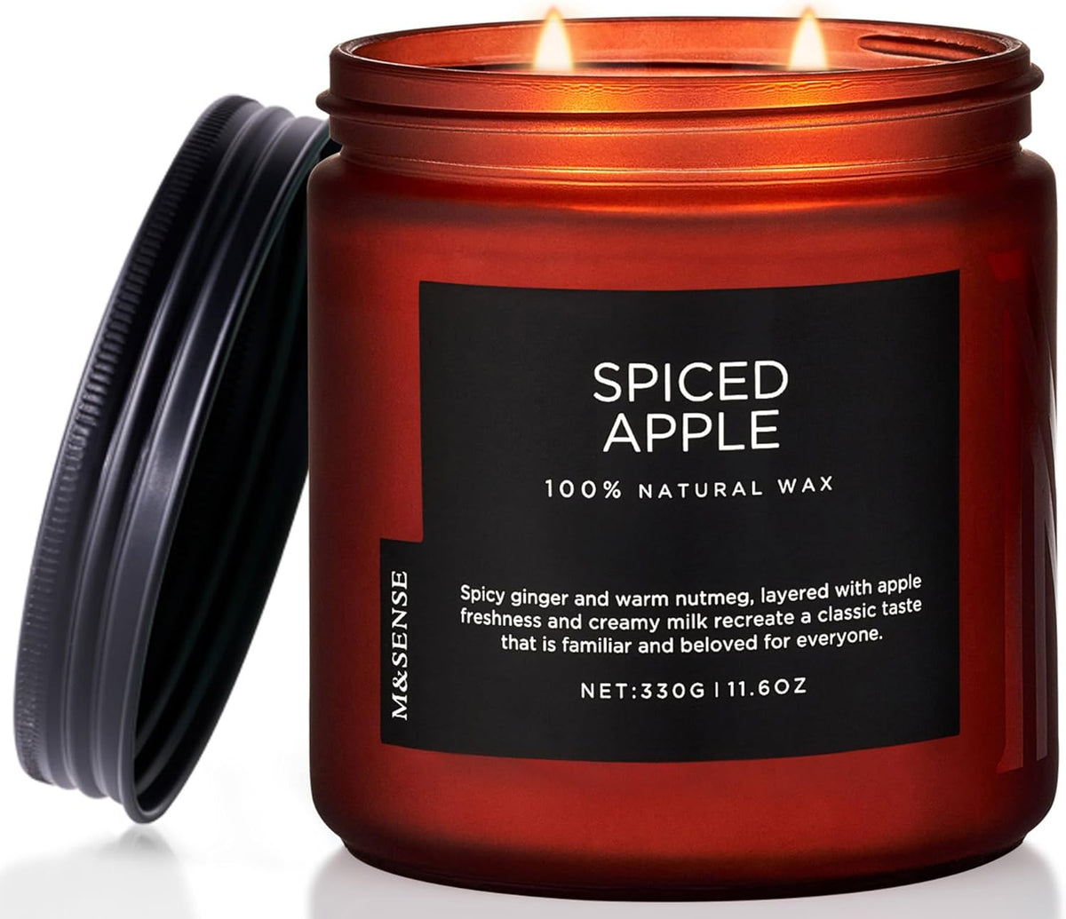 M&SENSE Spiced Apple 2 Wick Fall Scented Candle, 11.6oz Natural Soy Wax Candle for Autumn Decor, Up