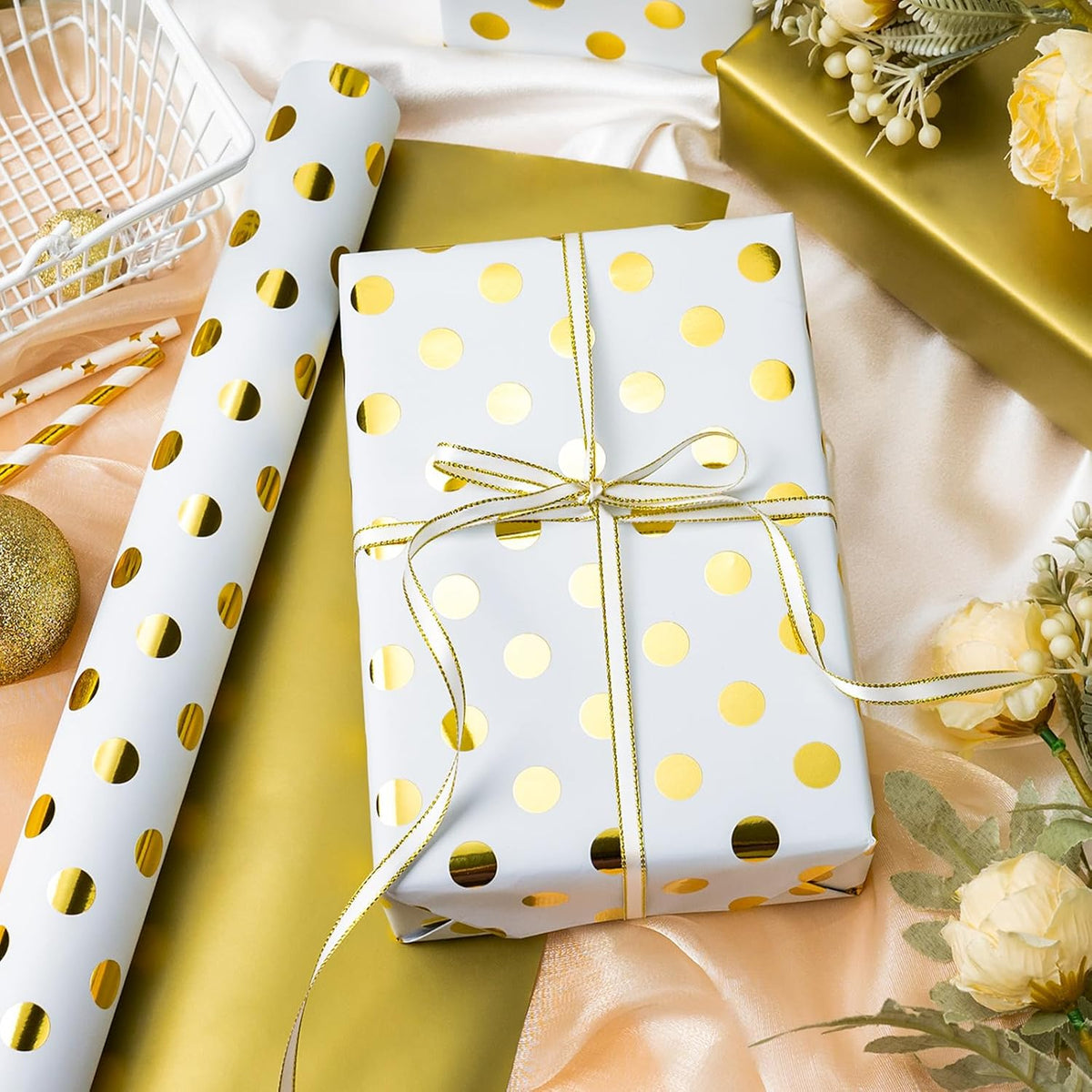 Burymento Platinum Dots Wrapping Paper, Reversible Gold Gift Wrap for Birthday, Valentines, Mothers