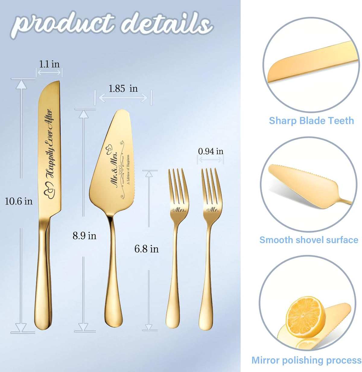 Personalized Wedding Cake Knife and Server Set, Wedding Gold Cake Cutting Set with Stainless Steel