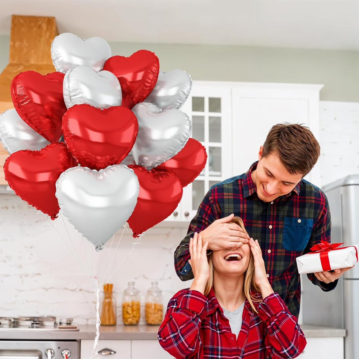 Red Silver Heart Balloons,12Pcs 18Inch Silver Red Heart Shaped Foil Helium Foil Balloons for Baby